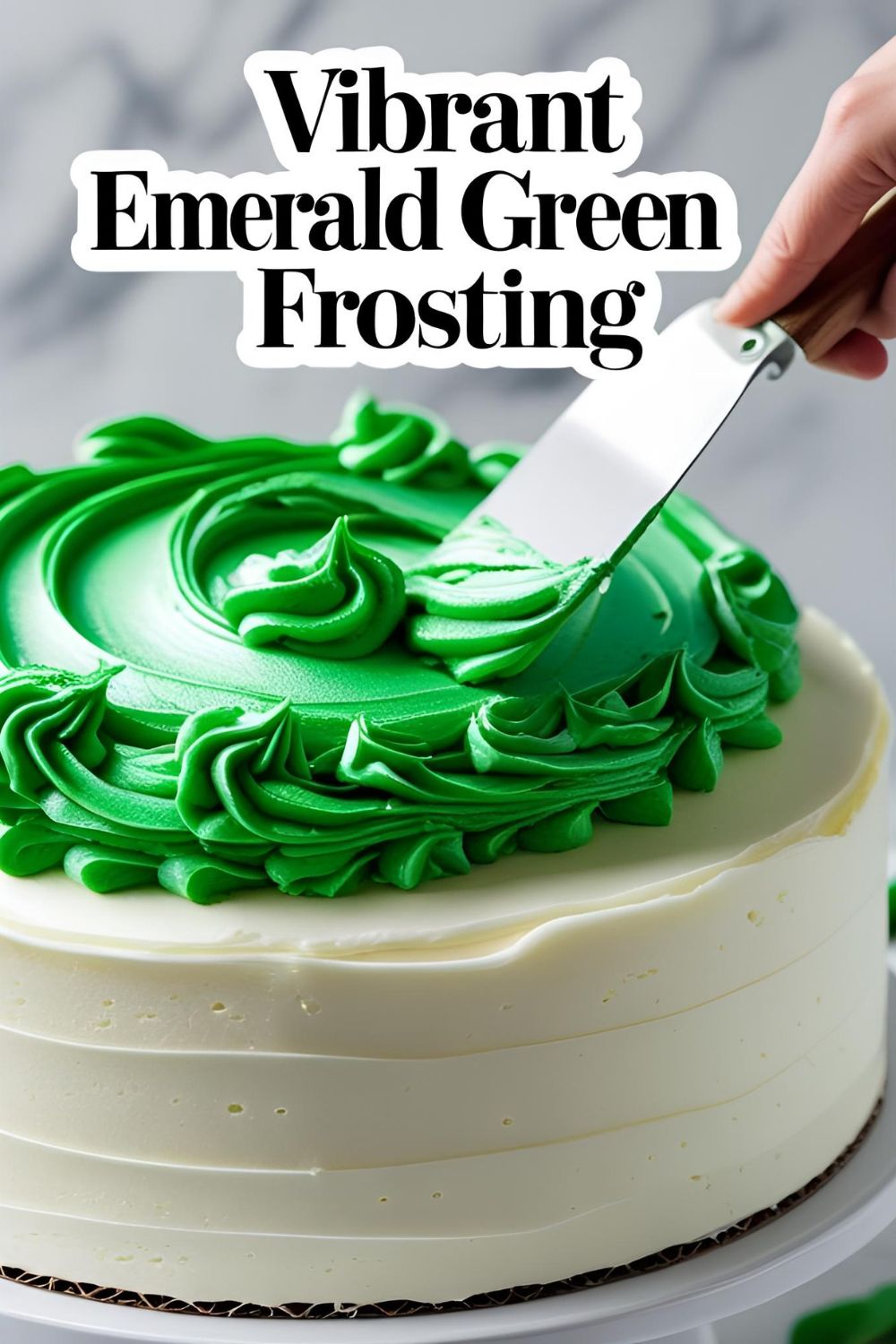 A cake being frosted with stunning emerald green buttercream, with the text overlay "Vibrant Emerald Green Frosting."