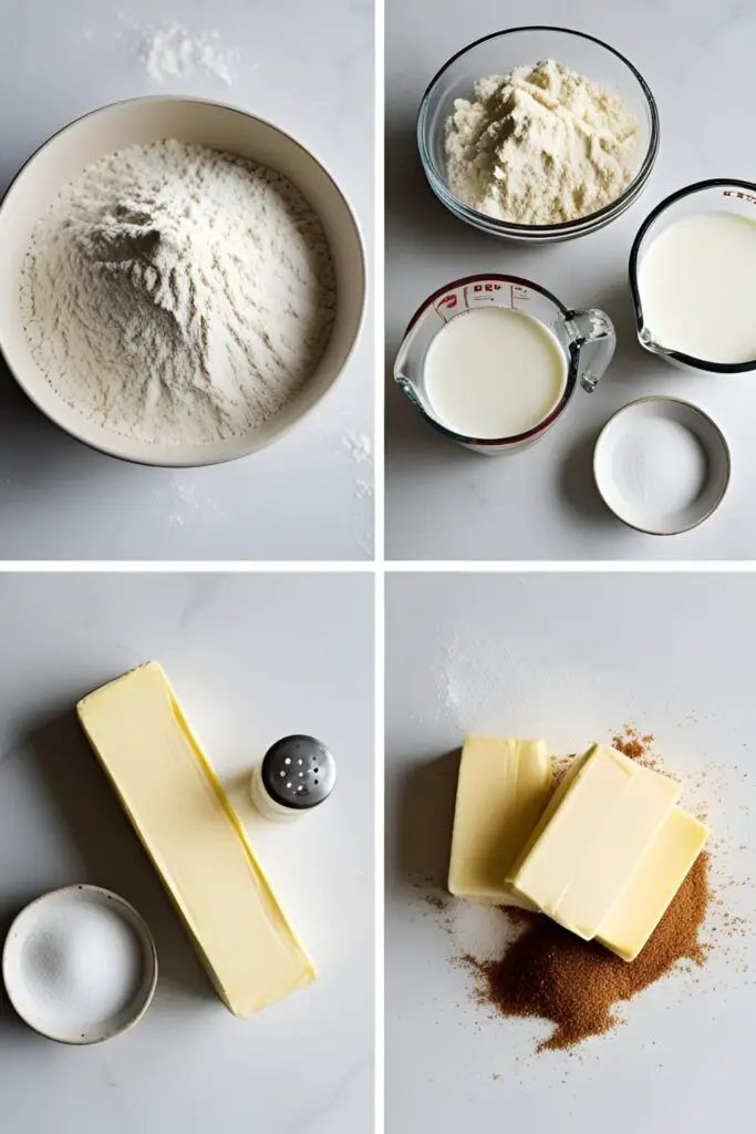 The simple ingredients needed to make English muffins from scratch: flour, yeast, milk, sugar, butter, and cornmeal.