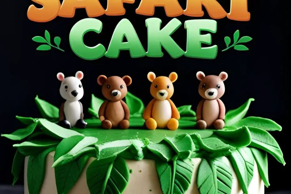 A fully decorated jungle safari cake with toy animals, with the text overlay "Epic Jungle Safari Cake."