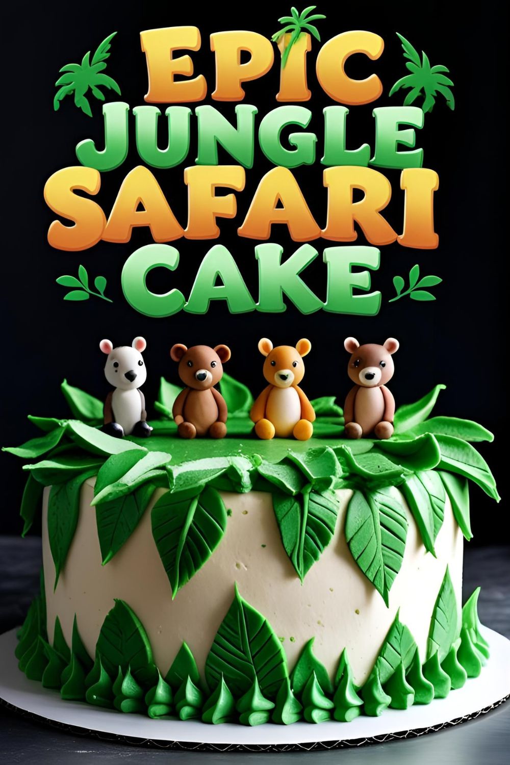 A fully decorated jungle safari cake with toy animals, with the text overlay "Epic Jungle Safari Cake."