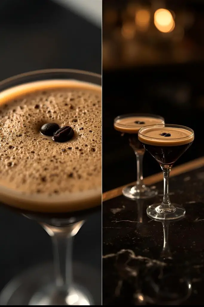  A close-up of the signature foamy top of an espresso martini, and a wider shot of two martinis on a bar.