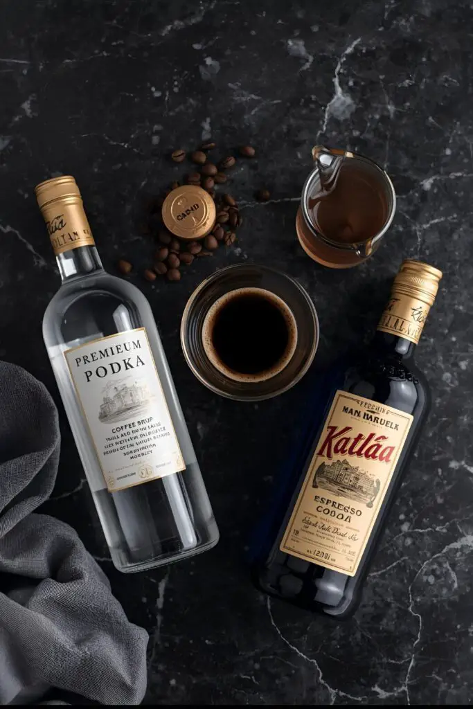 A stylish flat lay of the ingredients needed to make an espresso martini: espresso shot, vodka bottle, coffee liqueur bottle, simple syrup, and coffee beans.