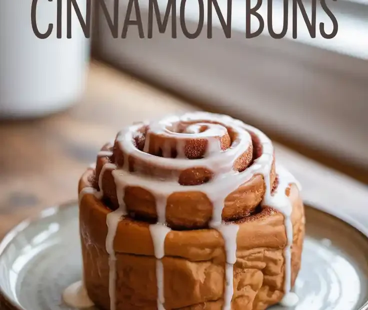 A beautiful homemade cinnamon bun drizzled with white glaze, with the text overlay "The Best Homemade Cinnamon Buns.