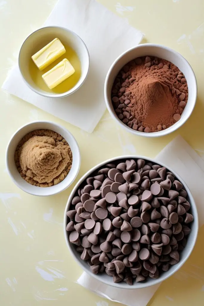 he key ingredients for making Felix's famous fudgy brownie recipe from SKZ, including butter, sugar, and lots of chocolate.

