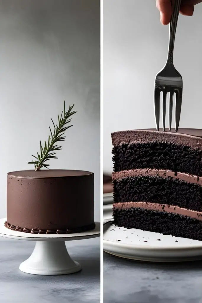A diptych showing a full aesthetic chocolate cake and a close-up of a slice being cut, revealing the moist interior.