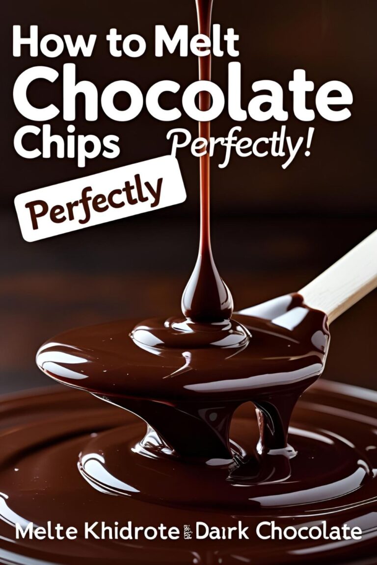 Glossy melted chocolate being drizzled from a spatula with the text overlay "How to Melt Chocolate Chips Perfectly."