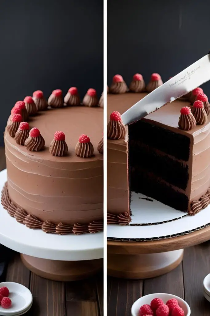 A two-panel image showing the full Among Us crewmate cake and a close-up of a slice being cut, revealing the chocolate cake inside.