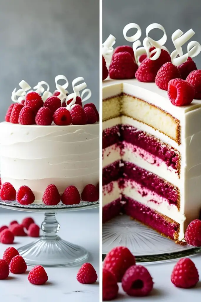 A two-panel image showing the whole decorated white chocolate raspberry birthday cake and a close-up of a slice showing the layers.