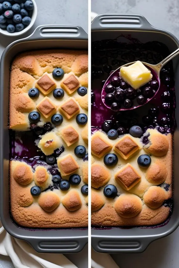 A full pan of baked blueberry dump cake and a close-up scoop