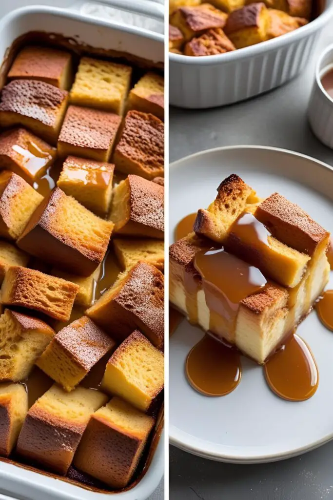 A full dish of baked bread pudding next to a close-up serving with caramel sauce.