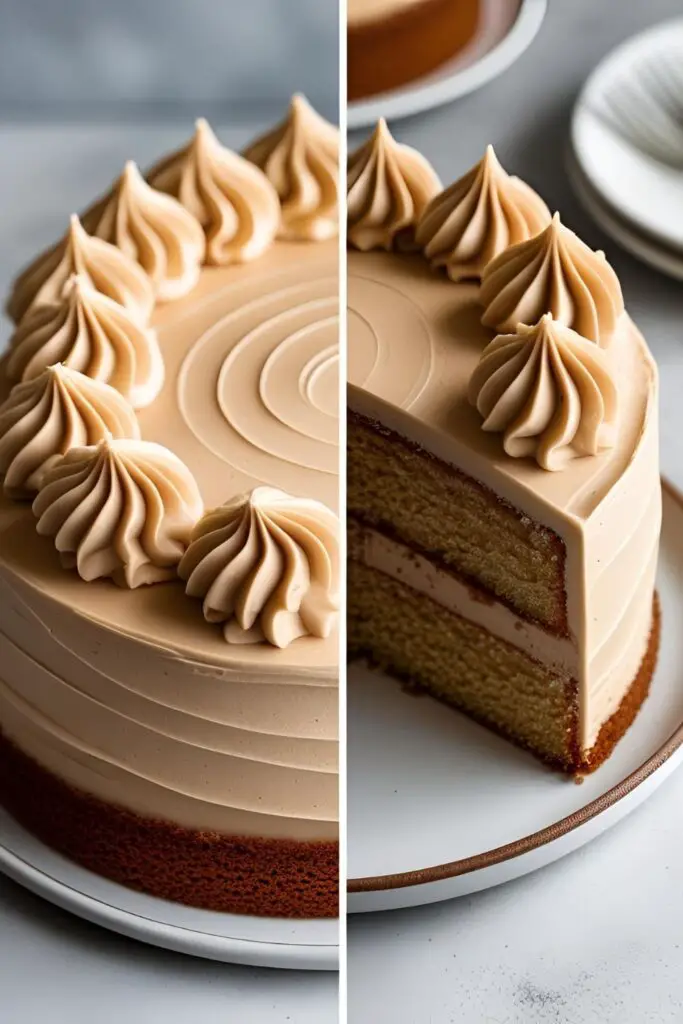 A whole caramel cake and a close-up of a slice with caramel frosting.