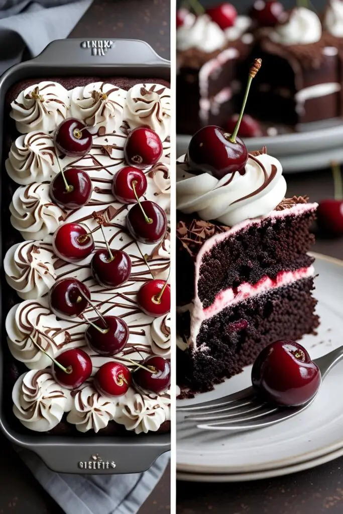 A full pan of chocolate cherry cake and a close-up of a decadent slice.