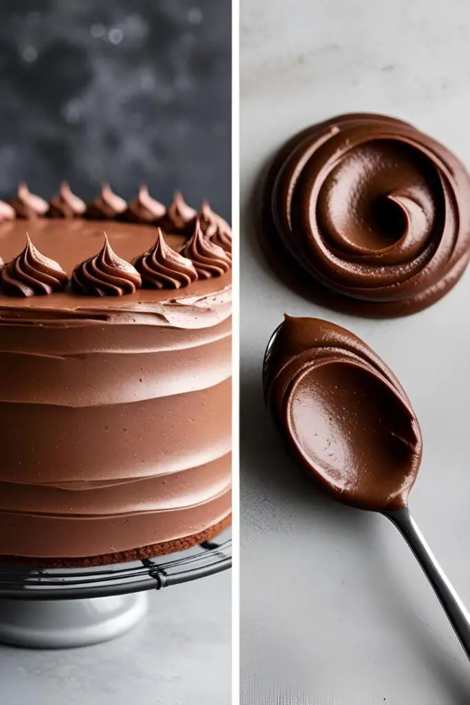 A frosted chocolate cake and a close-up of the chocolate icing.