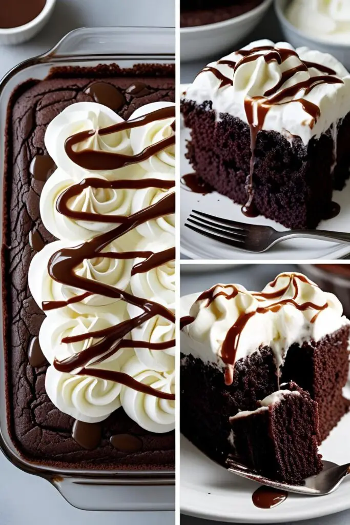 A whole chocolate poke cake and a close-up of a slice being cut
