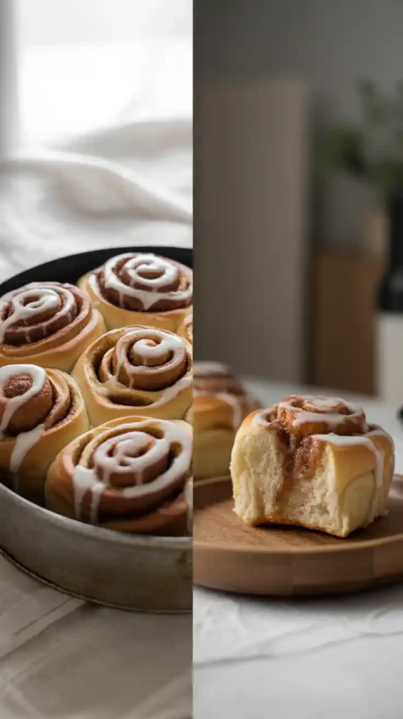 A two-panel image showing a round pan of freshly glazed cinnamon buns and a close-up of a single bun with a bite taken out.