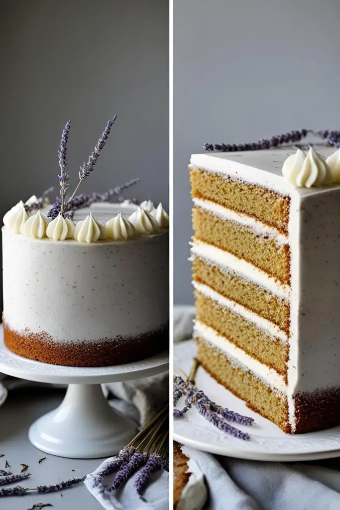 A whole Earl Grey layer cake and a close-up of a slice showing the tea-infused crumb.