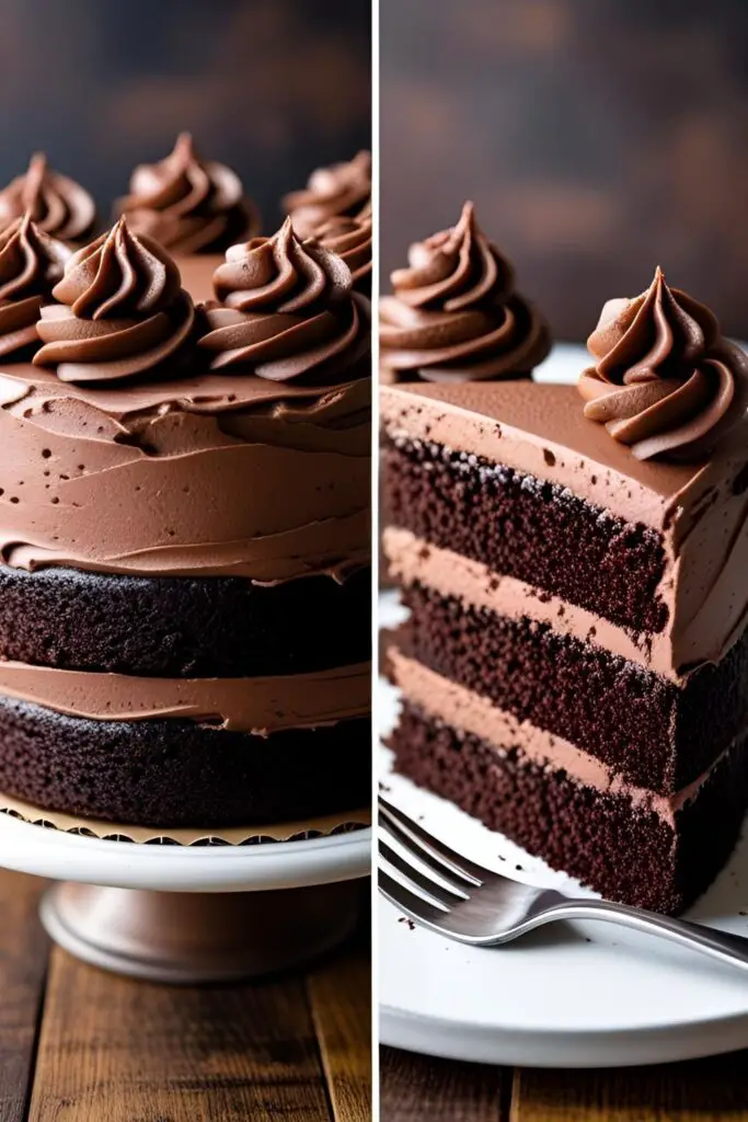 A whole frosted gluten-free chocolate cake and a close-up of its moist texture.