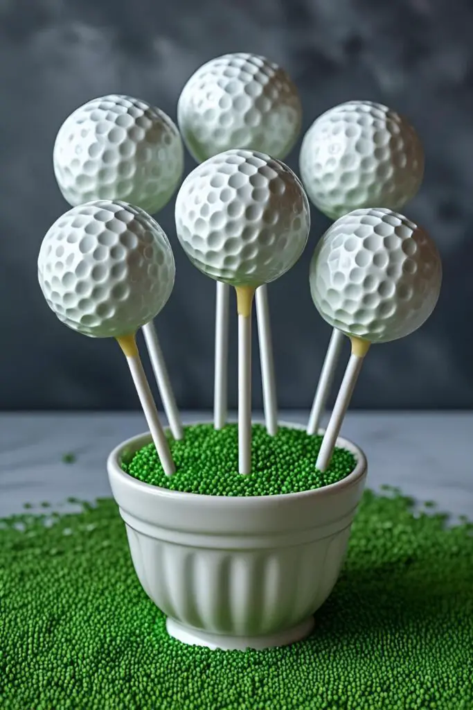 A charming display of several finished golf ball cake pops on sticks, arranged in a bed of green sprinkles or green candy melt "grass" in a small decorative container.