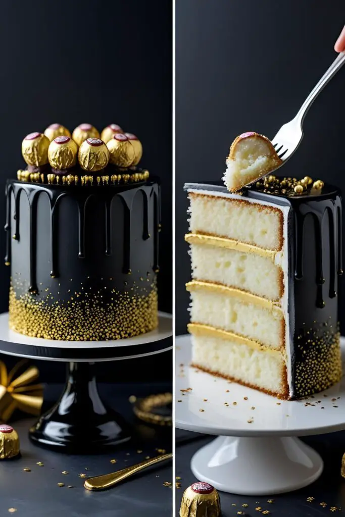 A two-panel image showing the full black and gold New Year's cake and a close-up of a slice being eaten.