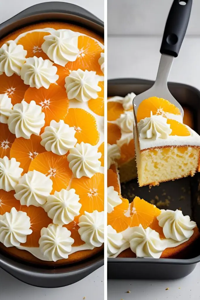 A full pan of mandarin orange cake and a close-up of a slice being served.