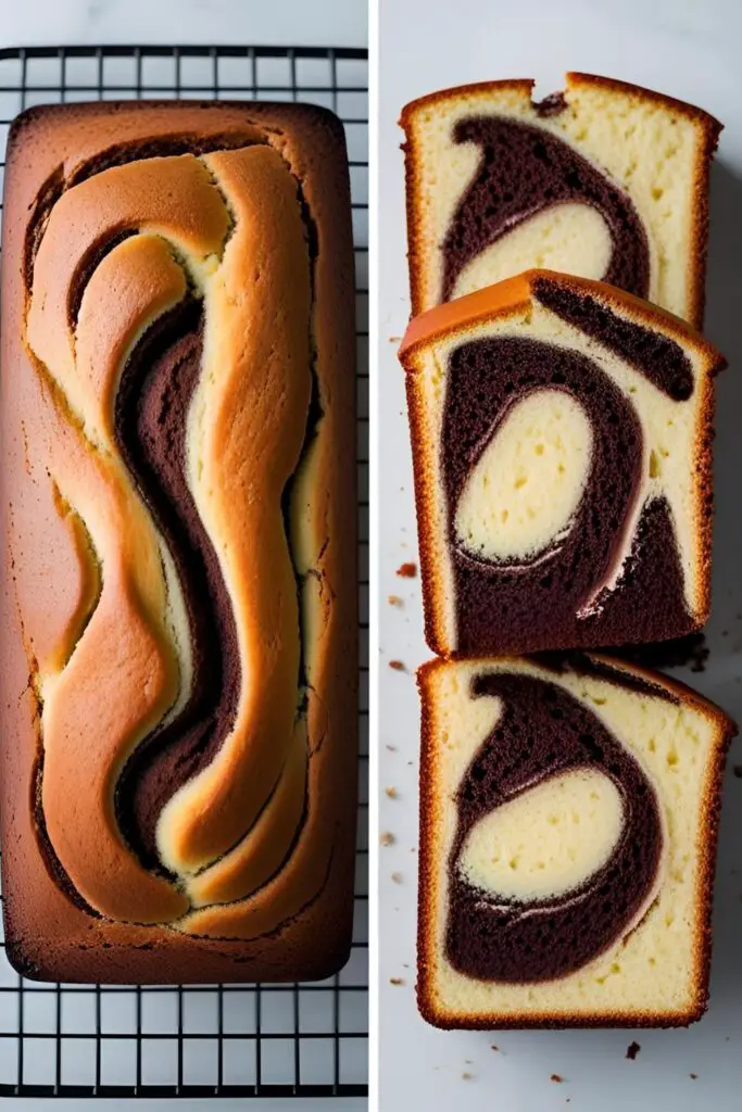 A whole marble loaf cake and a close-up of a slice showing the swirls.