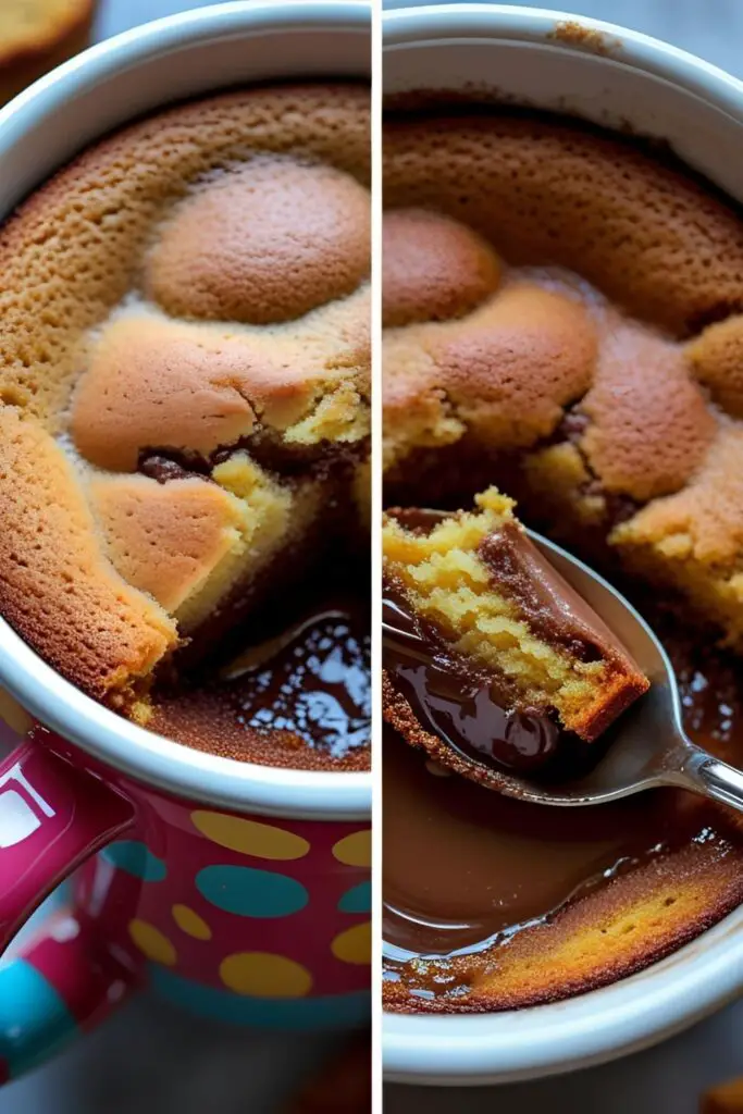 A gooey Nutella mug cake in a mug and a close-up spoonful