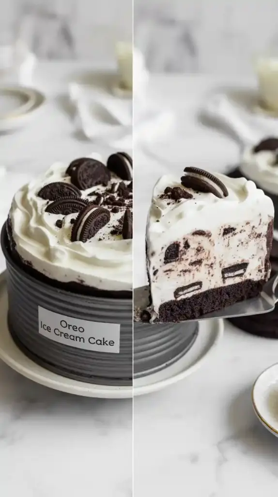A whole oreo ice cream cake and a close-up of a slice.