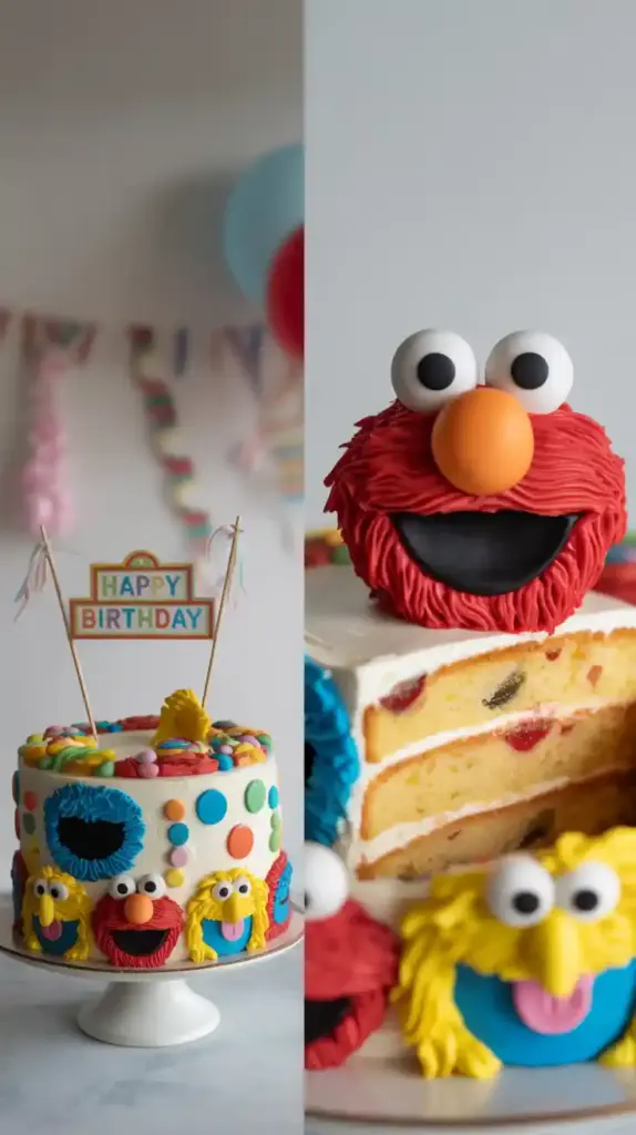 A decorated whole Sesame Street cake and a close-up of a slice featuring Elmo