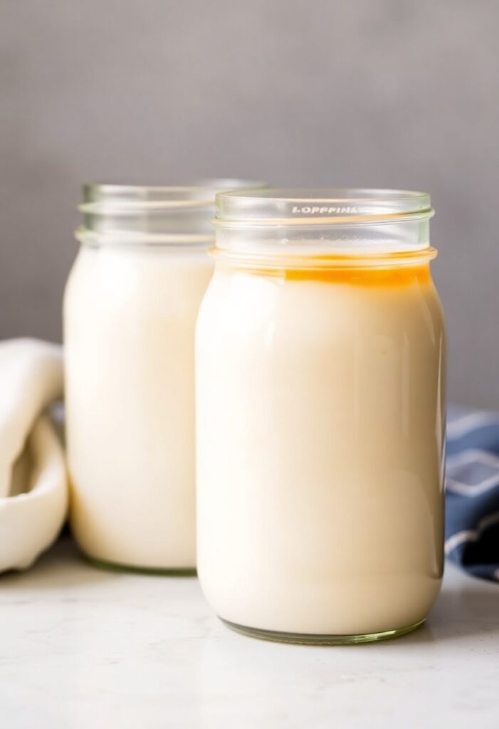 A close-up shot showing two clear glass jars of homemade condensed milk. One is classic, creamy white, and the other has a subtle, warm caramel hue, indicating a slight flavor variation.