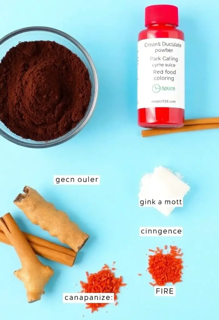 A vibrant flat lay collage of ingredients for Fire Spirit cookies: a bowl of dark cocoa powder, a bottle of red gel food coloring, cinnamon sticks, ginger root, and a small pile of cayenne pepper.