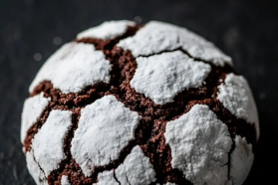 Text overlay "The Fire Spirit Cookie" on a dramatic, moody image of a dark, reddish-brown chocolate crinkle cookie with deep white cracks, sitting on a dark surface.