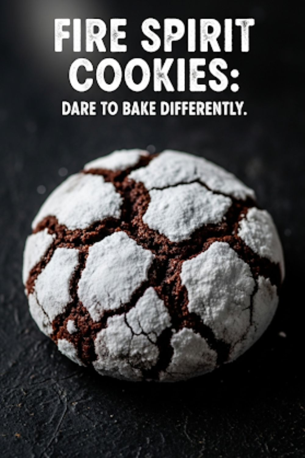 Text overlay "The Fire Spirit Cookie" on a dramatic, moody image of a dark, reddish-brown chocolate crinkle cookie with deep white cracks, sitting on a dark surface.