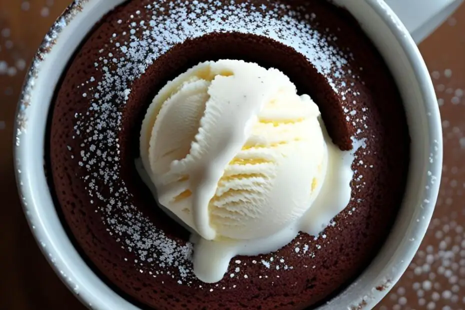 A warm chocolate cake in a mug topped with melting vanilla ice cream and powdered sugar.