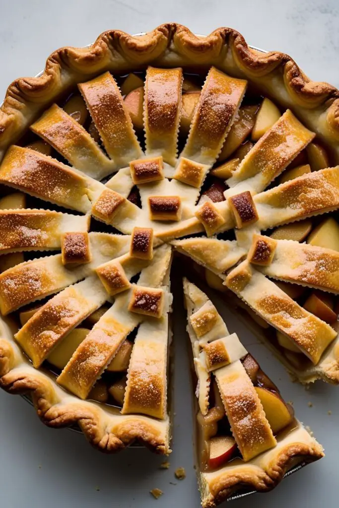 A beautiful, fully baked apple pie with a golden-brown, flaky all-butter crust, with a slice removed to show the layers.