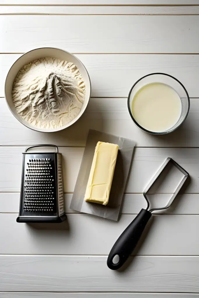 The key ingredients for making flaky buttermilk biscuits, showcasing a stick of frozen butter on a box grater next to a bowl of flour.