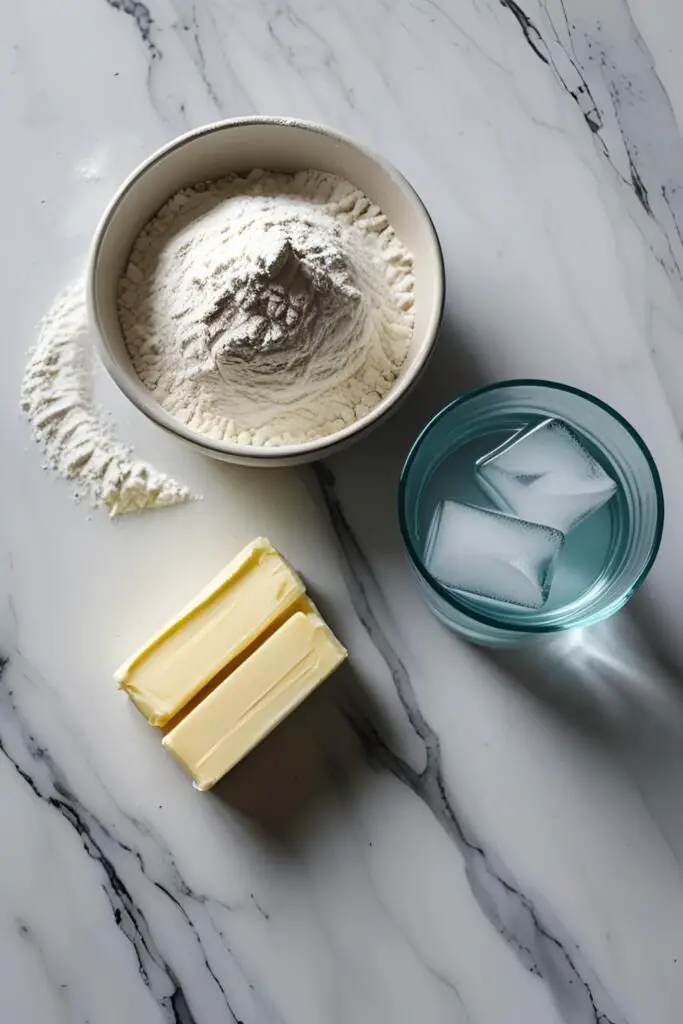 The key ingredients for making a flaky pie crust, with a special focus on the very cold, cubed butter and ice water.