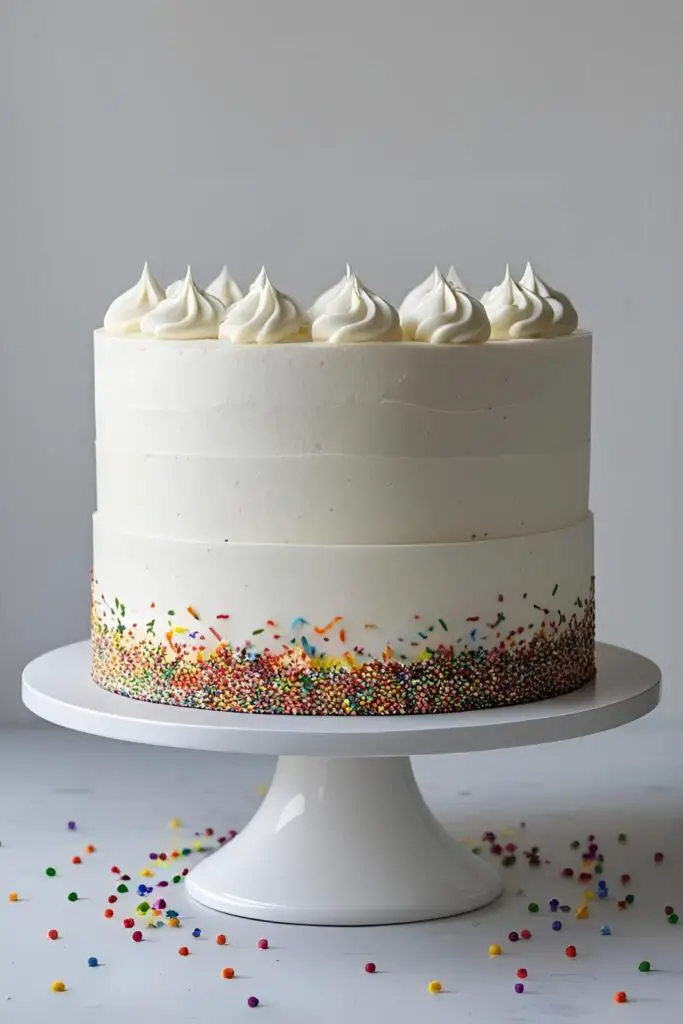 A full shot of a perfectly smooth, three-layer white funfetti cake with incredibly sharp edges and a simple rainbow sprinkle border at the base.