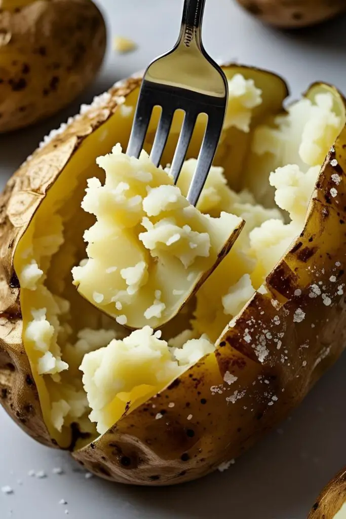 A close-up of a freshly baked potato, split open to show the light and fluffy texture inside, with crispy skin.