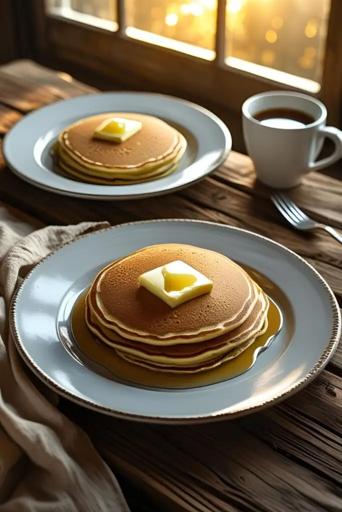 A close-up shot revealing the incredibly fluffy texture of homemade eggless pancakes, topped with melting butter and syrup.