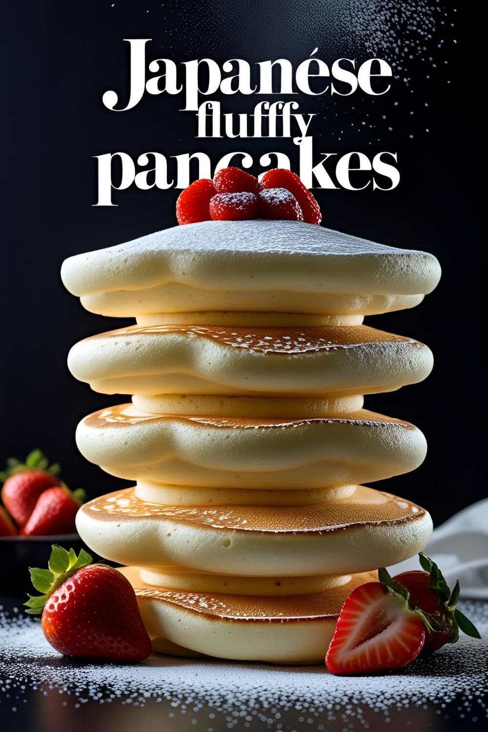 A tall, jiggly stack of Japanese fluffy pancakes with powdered sugar, with a text overlay that reads "Japanese Fluffy Pancakes."