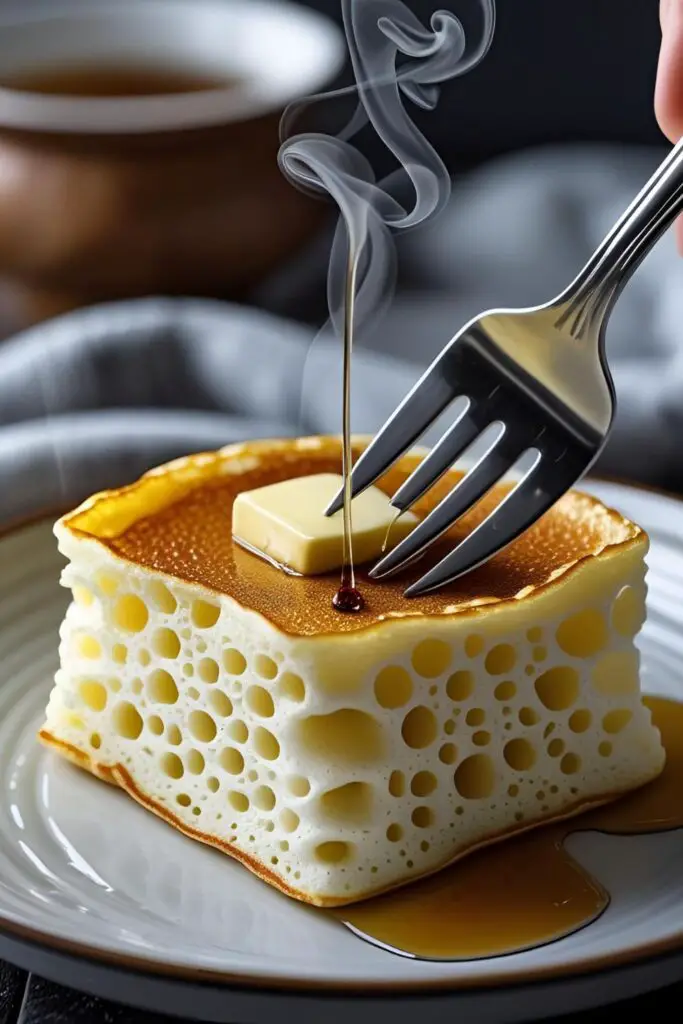 A close-up shot of a single Japanese souffle pancake being cut with a fork, revealing its airy, cloud-like interior texture.