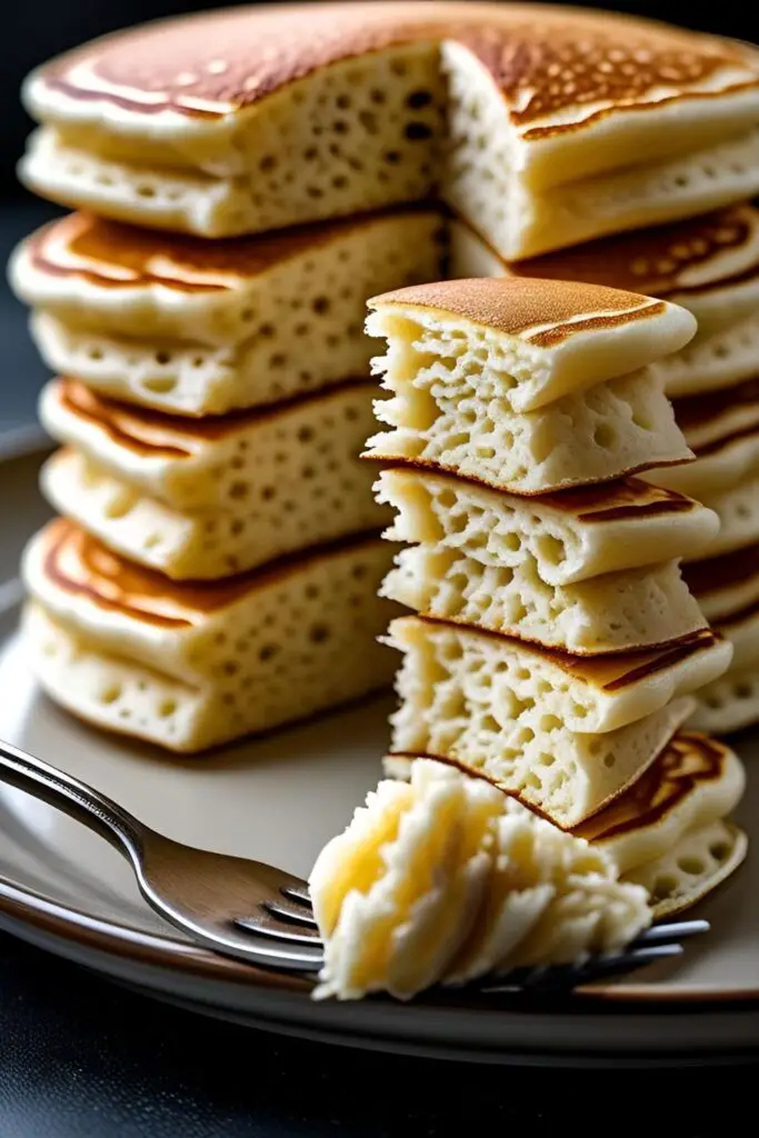 A close-up photo of a stack of perfect pancakes, with one cut open to showcase the light and fluffy texture inside.