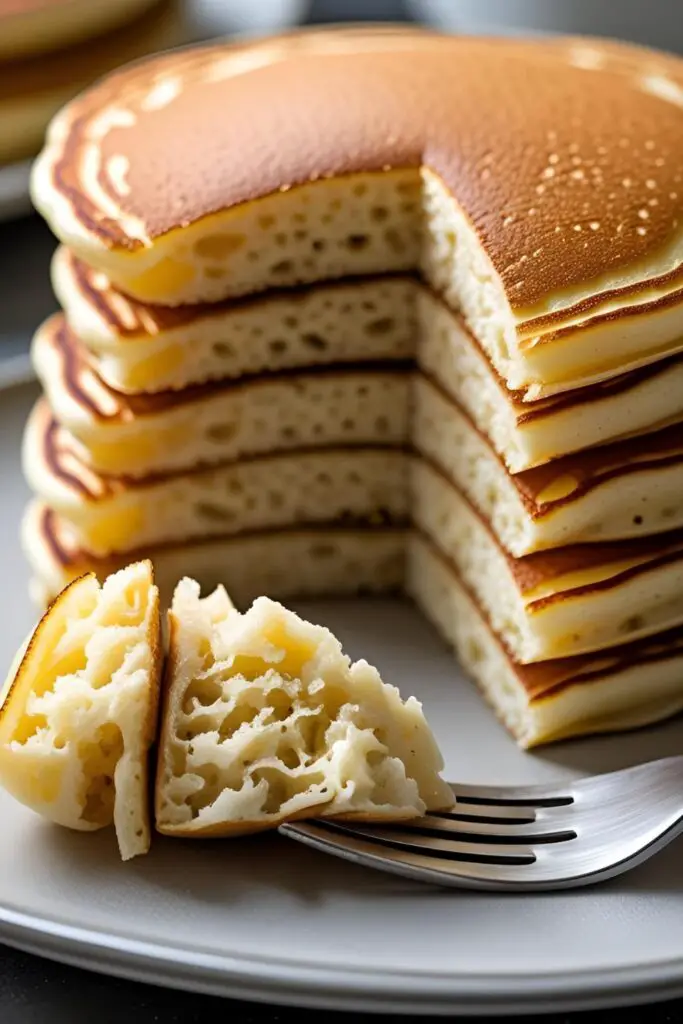 A close-up photo of a stack of eggless pancakes, with one cut open to show the light and fluffy texture inside.