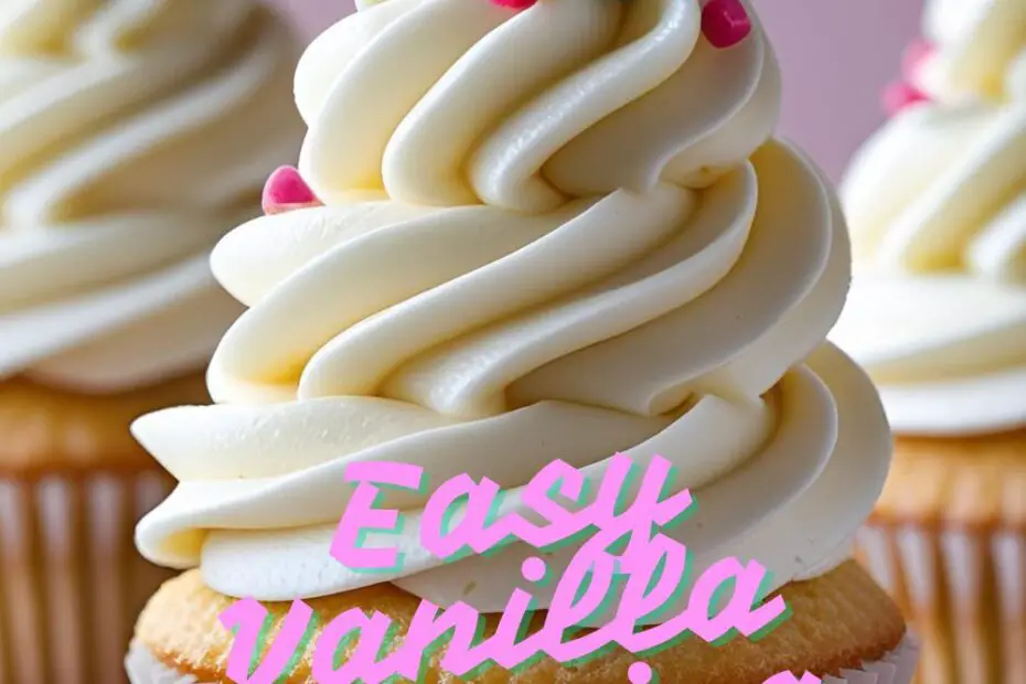 A close-up of a cupcake with a perfect swirl of fluffy, homemade vanilla frosting and colorful sprinkles.