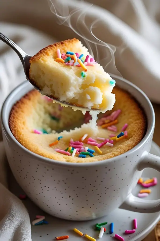 A close-up of a perfectly cooked, fluffy vanilla mug cake, showing its light and airy texture.