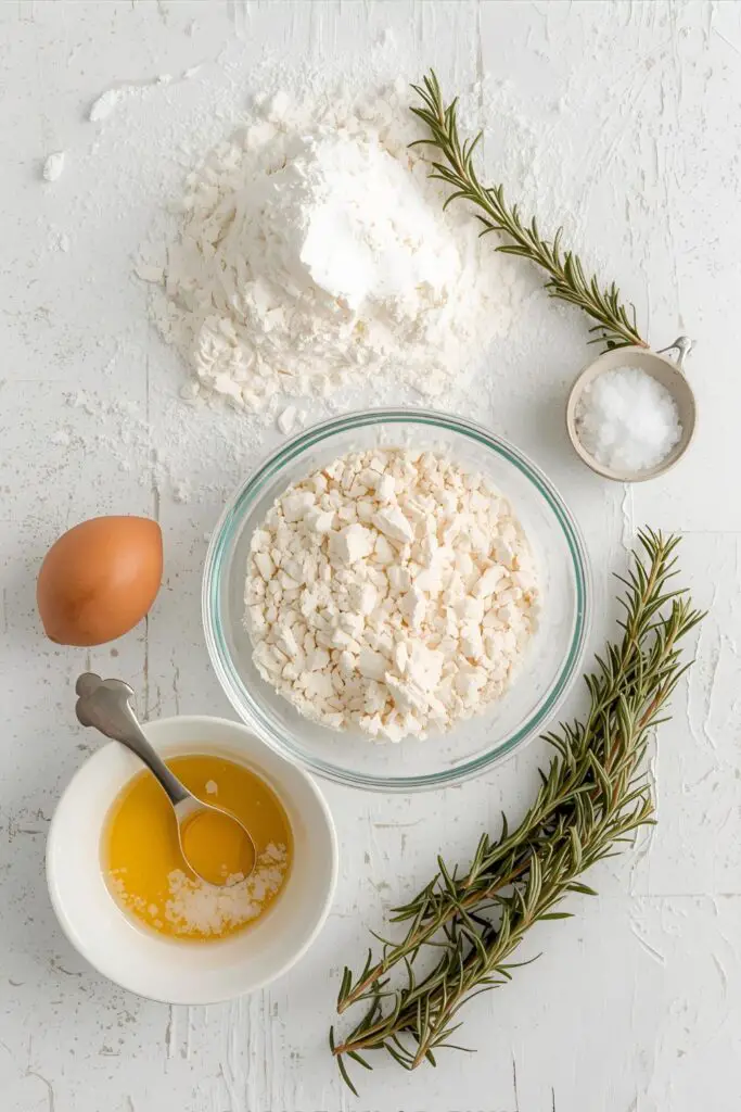 A collage of focaccia ingredients: flour, a bowl of yeast blooming in water, a bottle of extra virgin olive oil, and fresh rosemary sprigs.