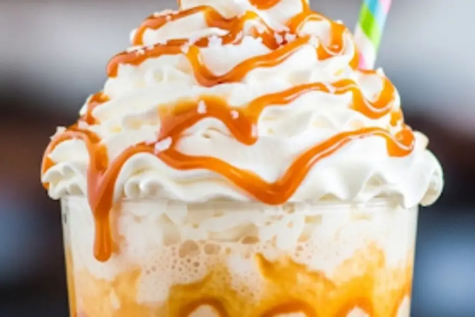 Text overlay "Food Drinks Dessert" over a tall glass of a luscious salted caramel coffee milkshake, topped with whipped cream and a drizzle of caramel.