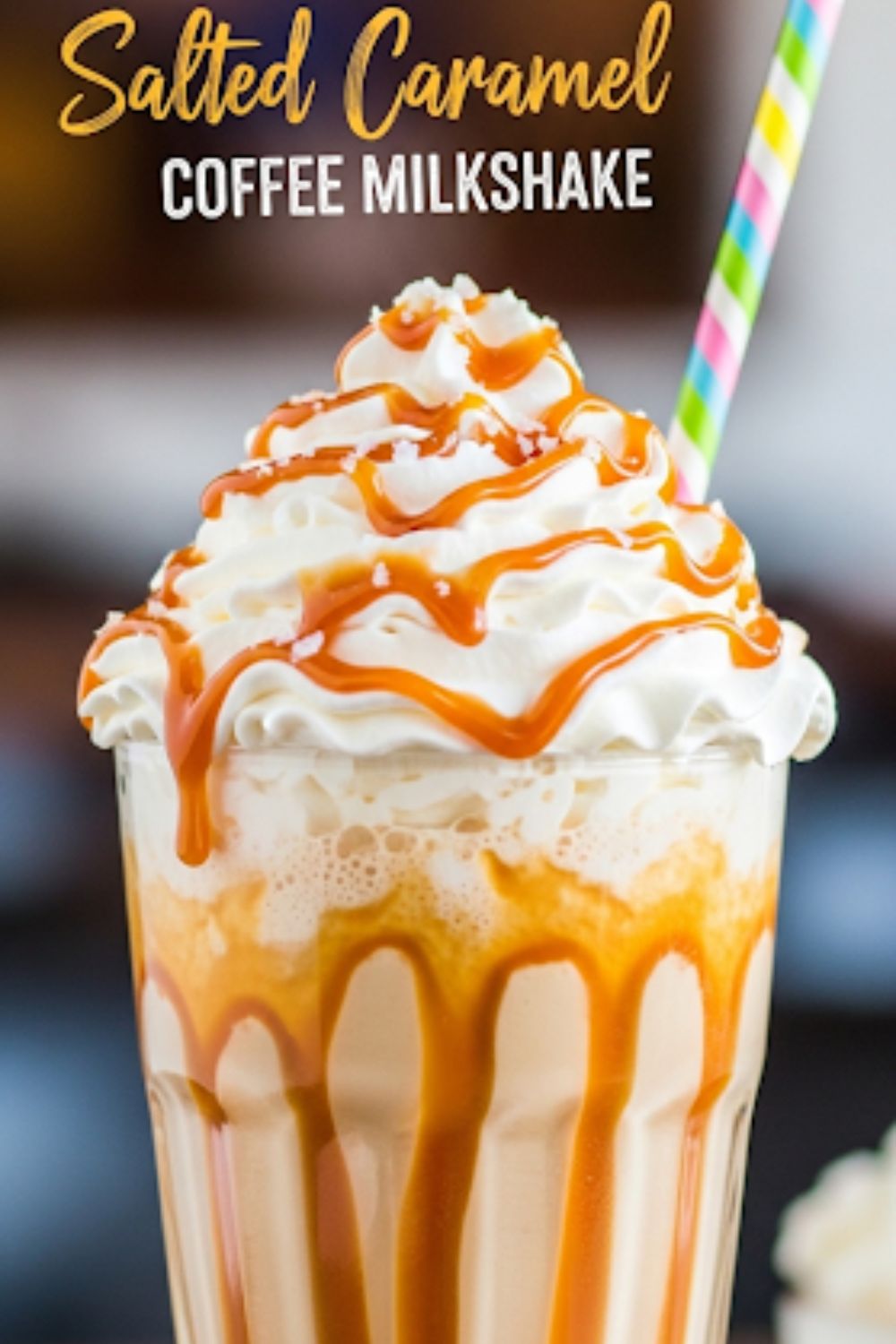 Text overlay "Food Drinks Dessert" over a tall glass of a luscious salted caramel coffee milkshake, topped with whipped cream and a drizzle of caramel.