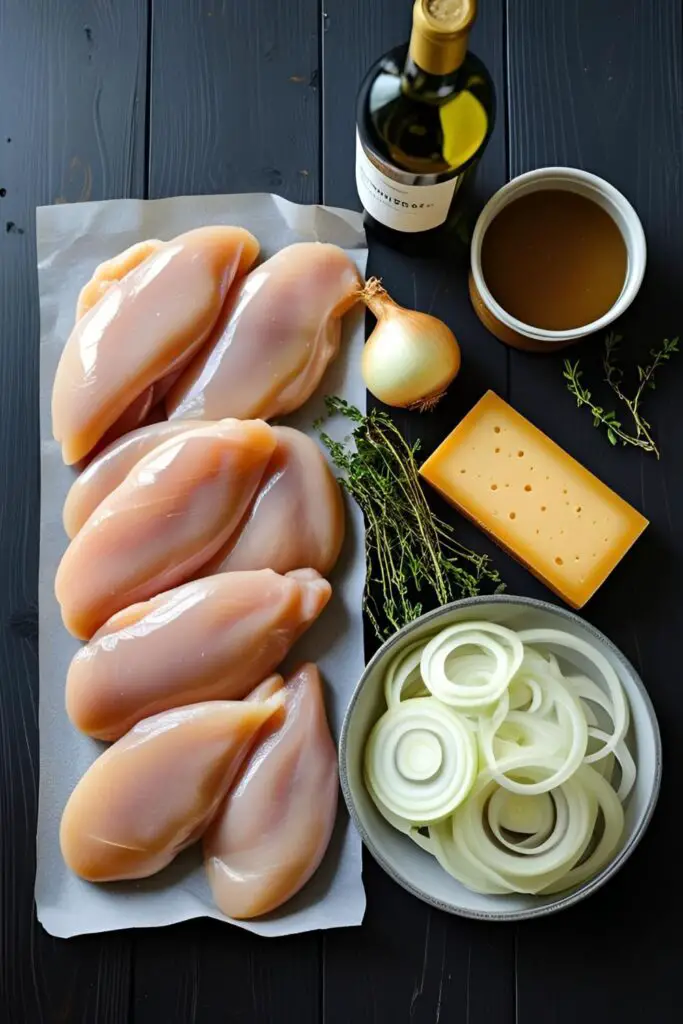 A flat lay of the key ingredients for making French onion chicken: chicken, onions, Gruyère cheese, wine, and beef broth.