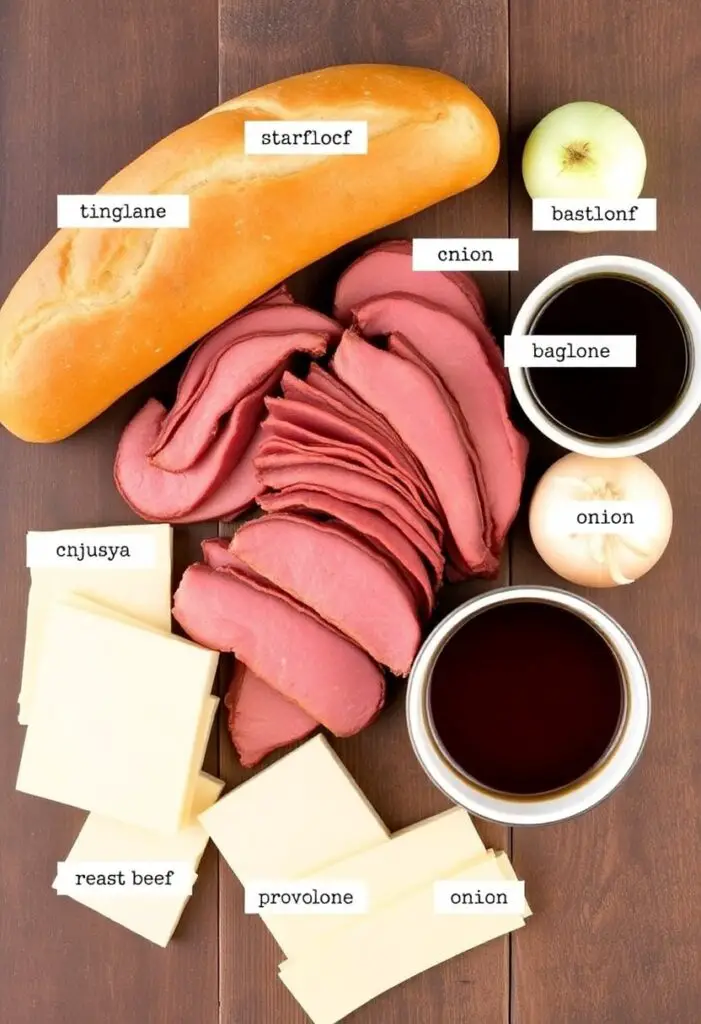 A classic flat lay collage of ingredients for a French Dip sandwich: thinly sliced leftover roast beef, a crusty baguette, slices of provolone cheese, an onion, and a container of beef broth.